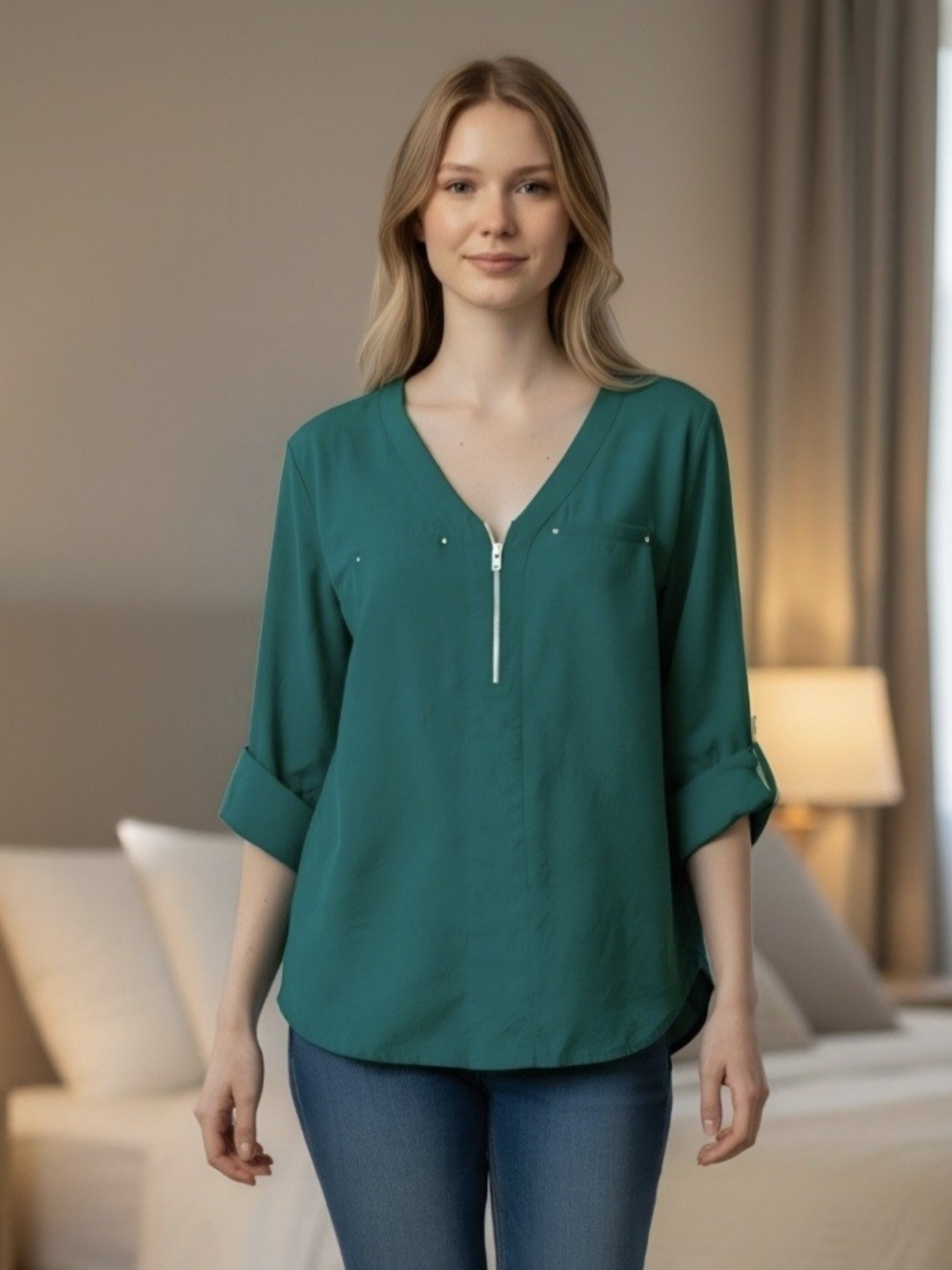 Fortune + Ivy Women’s M Chic Emerald Green  Zip V-Neck  Blouse Roll Tab Sleeve